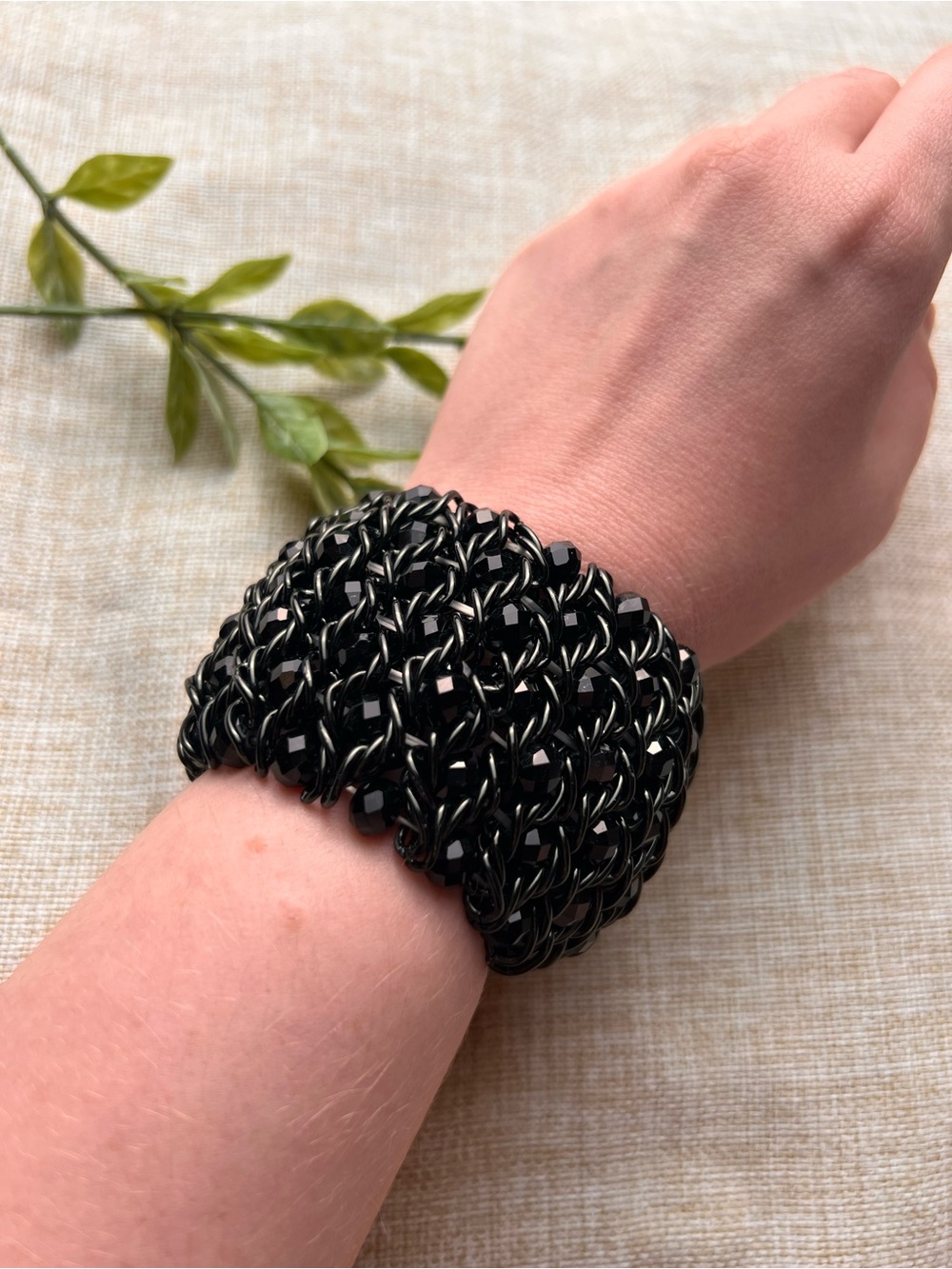 GOTHIC Black Beaded Chunky Chain Bangle with Crystal Beads